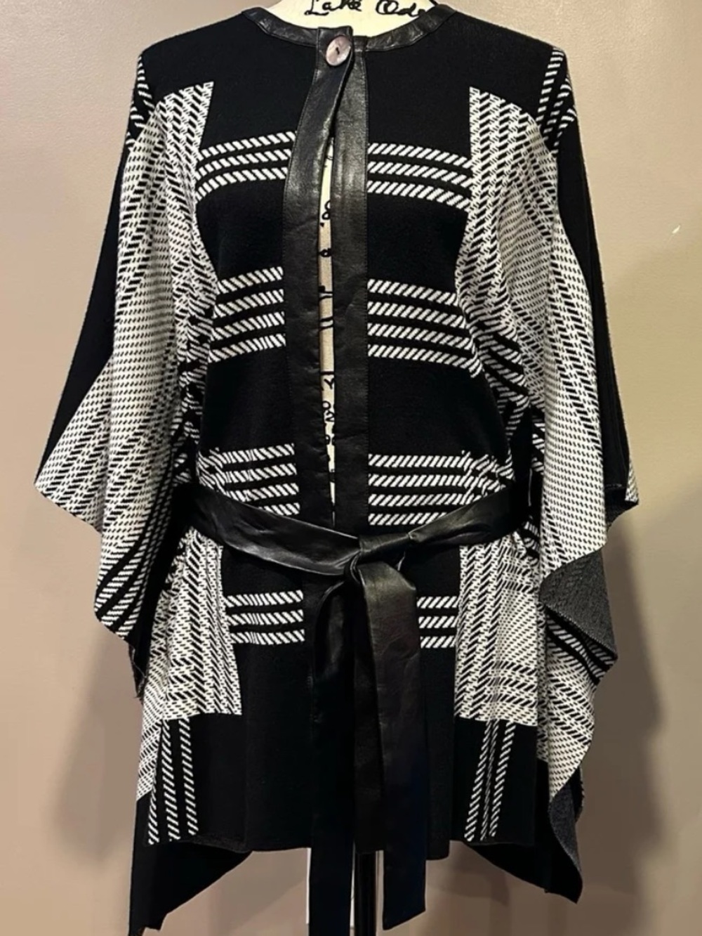 Ming Wang Knit Faux Leather Trim Belted Wrap Jacket